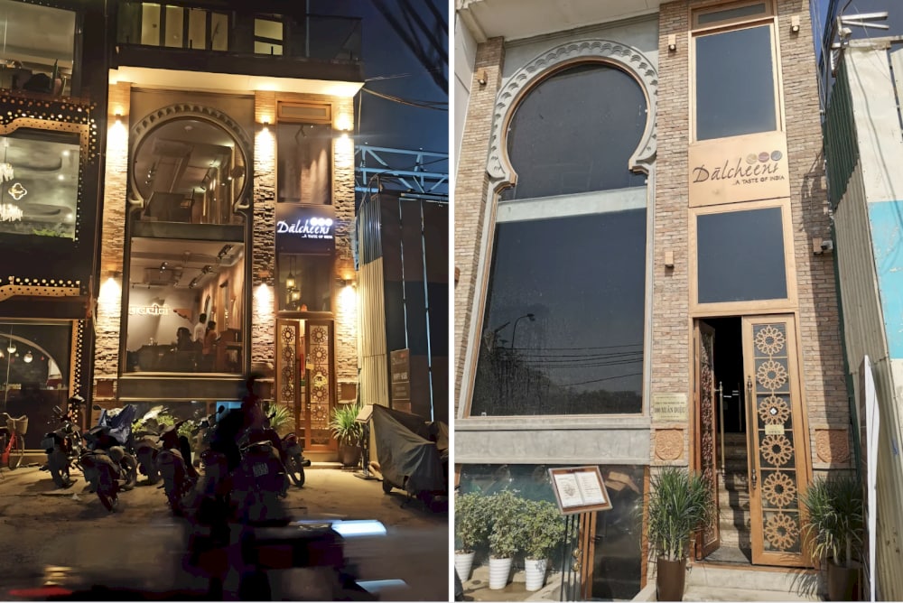 The beautifully lit exterior of Dalcheeni Restaurant